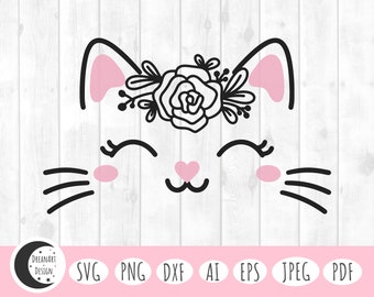 Süßes Katzengesicht svg, süßes Katzensvg, Katzensvg, Katzengesichtssvg, Kitty svg, florales Katzensvg, Katzenumriss svg, Cricut Designs