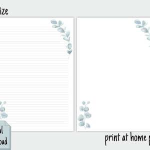 K&ouml;nnte beinhalten: Bedruckbares A4-Format liniertes Papier mit einem blauen Aquarell-Eukalyptusblatt-Design in der Ecke. Der Text "digitaler Download" und "Zuhause ausdrucken" ist im Bild enthalten.
