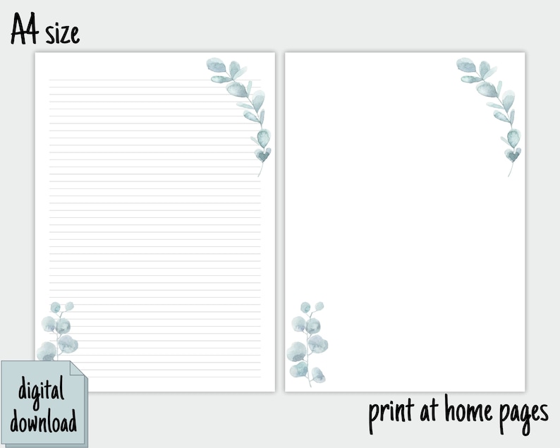 K&ouml;nnte beinhalten: Bedruckbares A4-Format liniertes Papier mit einem blauen Aquarell-Eukalyptusblatt-Design in der Ecke. Der Text "digitaler Download" und "Zuhause ausdrucken" ist im Bild enthalten.