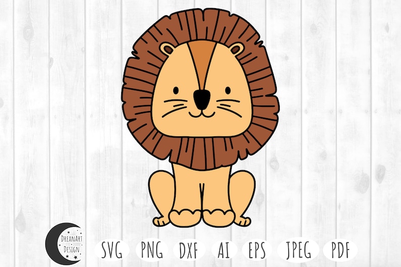 May include: A cartoon illustration of a brown lion with a brown mane sitting with its paws together. The lion has a light brown face with a black nose and black eyes.