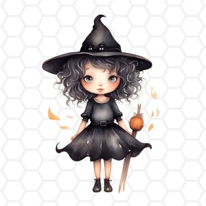 May include: A cartoon illustration of a young witch wearing a black pointed hat with a black cat silhouette on the brim, a black dress, and black shoes. She is holding a stick with a small orange pumpkin on top. The background is a white honeycomb pattern.