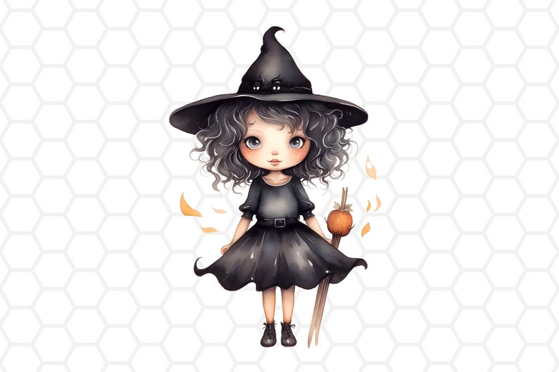 May include: A cartoon illustration of a young witch wearing a black pointed hat with a black cat silhouette on the brim, a black dress, and black shoes. She is holding a stick with a small orange pumpkin on top. The background is a white honeycomb pattern.