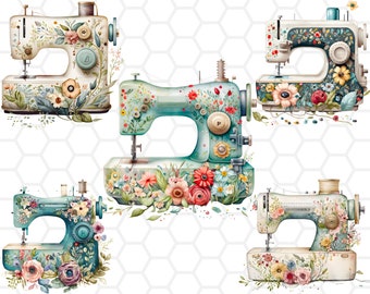 Watercolor Floral Sewing Machine Clipart: PNG Sublimation Designs (Digital Download)