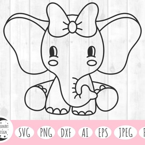May include: A black and white line drawing of a cartoon elephant with a bow on its head. The elephant is sitting with its trunk curled up.