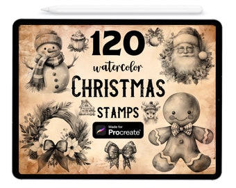 May include: A digital illustration of 120 watercolour Christmas stamps for Procreate. The image features a snowman, a gingerbread man, a reindeer, a Santa Claus, a wreath, and a bow. The stamps are in black and white.