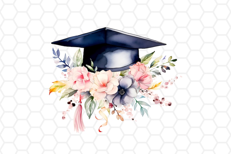 K&ouml;nnte beinhalten: Aquarell-Illustration einer dunkelblauen Abschlusskappe, verziert mit einem Blumenarrangement. Die Blumen sind in Rosa-, Pfirsich- und Lilat&ouml;nen gehalten, mit gr&uuml;nen Bl&auml;ttern und einer rosa Quaste. Der Hintergrund hat ein wei&szlig;es Wabenmuster.