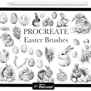Könnte beinhalten: Ein Satz schwarzer und weißer Procreate-Osterpinsel mit Hasen, Eiern und floralen Elementen. Die Pinsel sind für die Verwendung in der Procreate-App konzipiert.