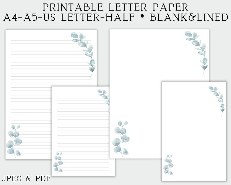 K&ouml;nnte beinhalten: Druckbares Briefpapier in den Formaten A4, A5 und US Letter. Das Papier ist halb liniert und halb leer mit einem hellblauen Eukalyptusblatt-Design in der Ecke. Der Text "PRINTABLE LETTER PAPER" befindet sich oben im Bild. Der Text "A4-A5-US LETTER-HALF" befindet sich unter der ersten Textzeile. Der Text "BLANK&LINED" befindet sich unter der zweiten Textzeile. Der Text "JPEG & PDF" befindet sich unten im Bild.