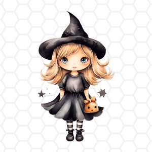 May include: A cartoon illustration of a young witch wearing a black witch hat and dress. She has blonde hair and blue eyes and is holding a small orange pumpkin. The background is a white honeycomb pattern.
