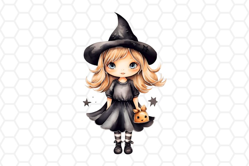 May include: A cartoon illustration of a young witch wearing a black witch hat and dress. She has blonde hair and blue eyes and is holding a small orange pumpkin. The background is a white honeycomb pattern.