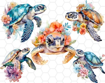 Watercolor Floral Sea Turtle Clipart Bundle (PNG)