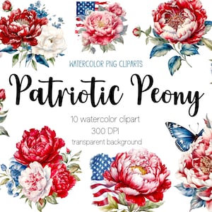 Diseños PNG de peonía patriótica para sublimación, imágenes prediseñadas de peonía, imágenes prediseñadas patrióticas, 4 de julio png, peonía png, imágenes prediseñadas de acuarela, 4 de julio