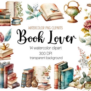 May include: Watercolour clipart set of books, flowers, and vintage objects. The set includes 14 watercolour illustrations with a transparent background. The text "Book Lover" is written in black cursive font.