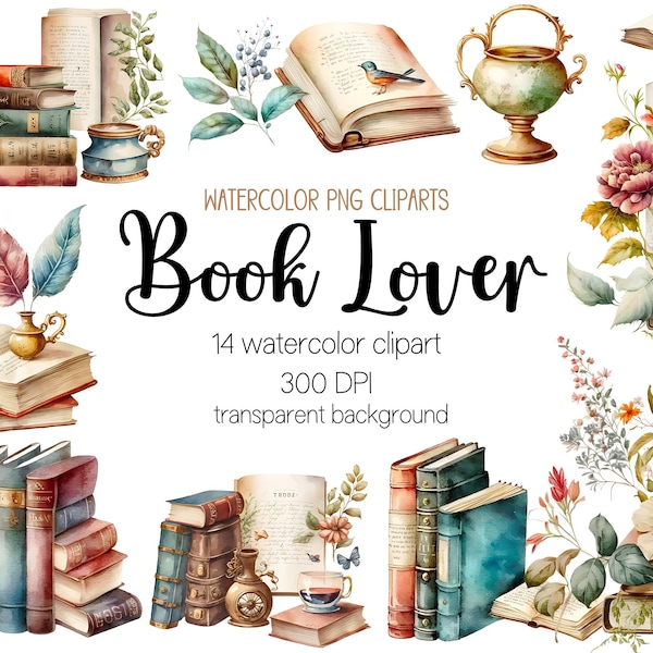 Watercolor Book Lover Clipart Bundle, book lover clipart, book png, book clipart, floral book png, watercolor book, sublimation designs