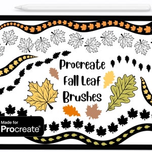 May include: A digital illustration of fall leaf brushes for Procreate. The image shows a variety of leaf shapes and colors, including orange, yellow, green, and brown. The text "Procreate Fall Leaf Brushes" is displayed in the center of the image.