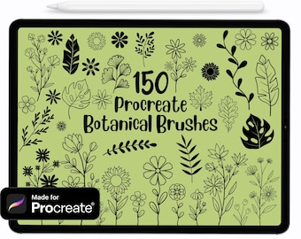 May include: A digital illustration of 150 Procreate botanical brushes on a green background. The brushes include flowers, leaves, and branches. The text "150 Procreate Botanical Brushes" is in black and white.