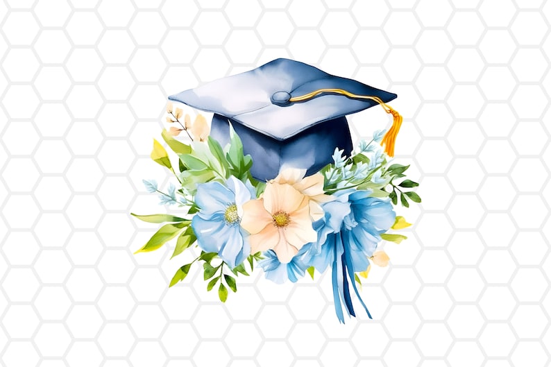 K&ouml;nnte beinhalten: Aquarell-Illustration einer dunkelblauen Abschlusskappe mit goldener Quaste, die auf einem Blumenstrau&szlig; aus hellblauen und pfirsichfarbenen Bl&uuml;ten mit gr&uuml;nen Bl&auml;ttern ruht. Der Hintergrund ist ein wei&szlig;es Wabenmuster.