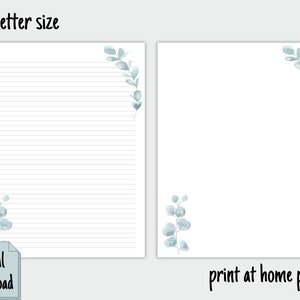 K&ouml;nnte beinhalten: Bedruckbares, liniertes Papier mit einem blauen Eukalyptusblatt-Design in der Ecke. Das Papier hat das Format US Letter und tr&auml;gt die Aufschrift "Digitaler Download" und "Zu Hause ausdrucken".