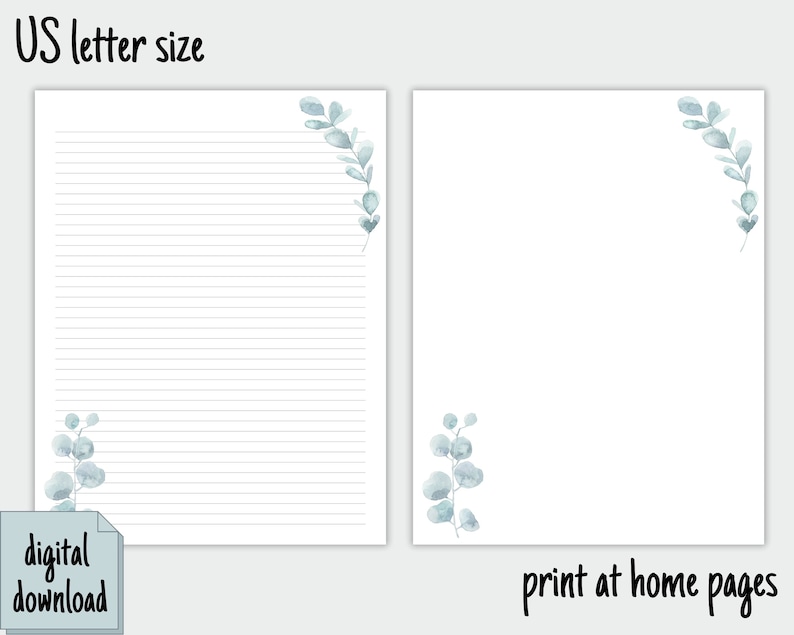 K&ouml;nnte beinhalten: Bedruckbares, liniertes Papier mit einem blauen Eukalyptusblatt-Design in der Ecke. Das Papier hat das Format US Letter und tr&auml;gt die Aufschrift "Digitaler Download" und "Zu Hause ausdrucken".