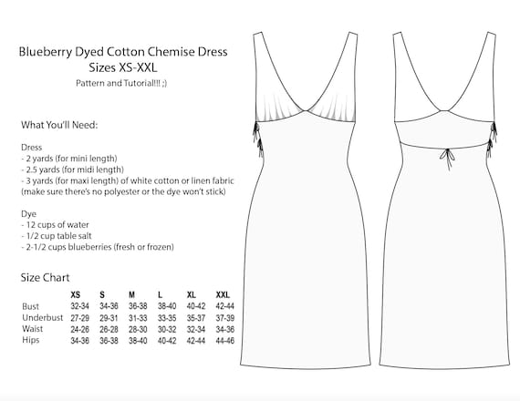 Blueberry Dyed Cotton Chemise Dress Digital Pattern PDF Printable- Size XS-XXL - Mini, Midi, Maxi
