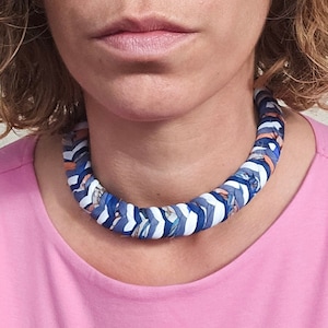Blue White Orange Braided Choker Necklace, Handmade Nautical Textile Jewelry for Women, Coastal Everyday Necklace Gift