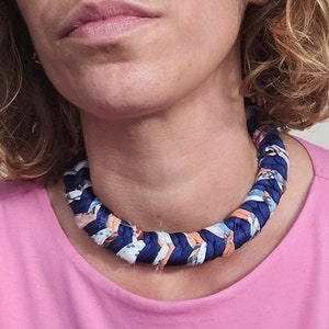 Navy Blue Braided Choker Necklace, Nautical Textile Jewelry for Women, Coastal Summer Fashion Accessory Gift