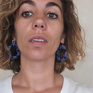 Lightweight blue rope earrings, Statement blue fabric hoop earrings, Big navy circle earrings, Large blue dangle earrings for women