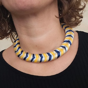 Yellow and Navy Braided Choker Necklace, Handmade Modern Fabric Statement Jewelry, Bold Geometric Necklace Gift for Women