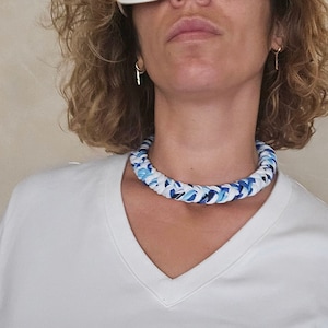 Bold white navy textile choker, Statement navy lightweight necklace for sailing enthusiasts, Chunky nautical jewelry for summer