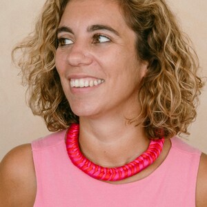 Bright Pink Fabric Statement Necklace, Bold Braided Choker, Handmade Textile Jewelry, Lightweight Fashion Accessory
