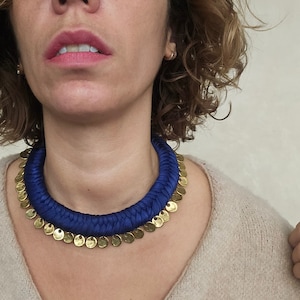 Blue Tribal Boho Necklace with Coins, Chunky Fabric Bib Necklace, Woven Statement Jewelry for Festival, Hippie Style Gift