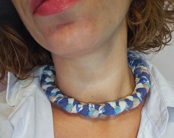 Comfortable braided fabric necklace, Navy lightweight knotted necklace, Statement chunky textile choker, Handmade blue short necklace