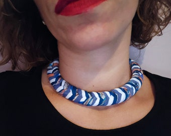 Short navy fabric necklace, Blue lightweight textile choker, Statement chunky rope necklace, Colorful unique jewelry for women