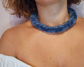 Blue velvet fabric necklace, Navy lightweight textile choker, Dark blue short handmade necklace, Unique rope jewelry for women