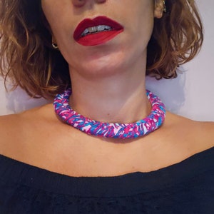 Fuchsia short fabric necklace, Pink bold textile necklace, Chunky lightweight textile necklet, Unique colorful jewelry for summer