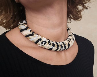 Animal print short fabric necklace, Black white textile choker, Statement knotted necklace, Striking monochrome lightweight necklace