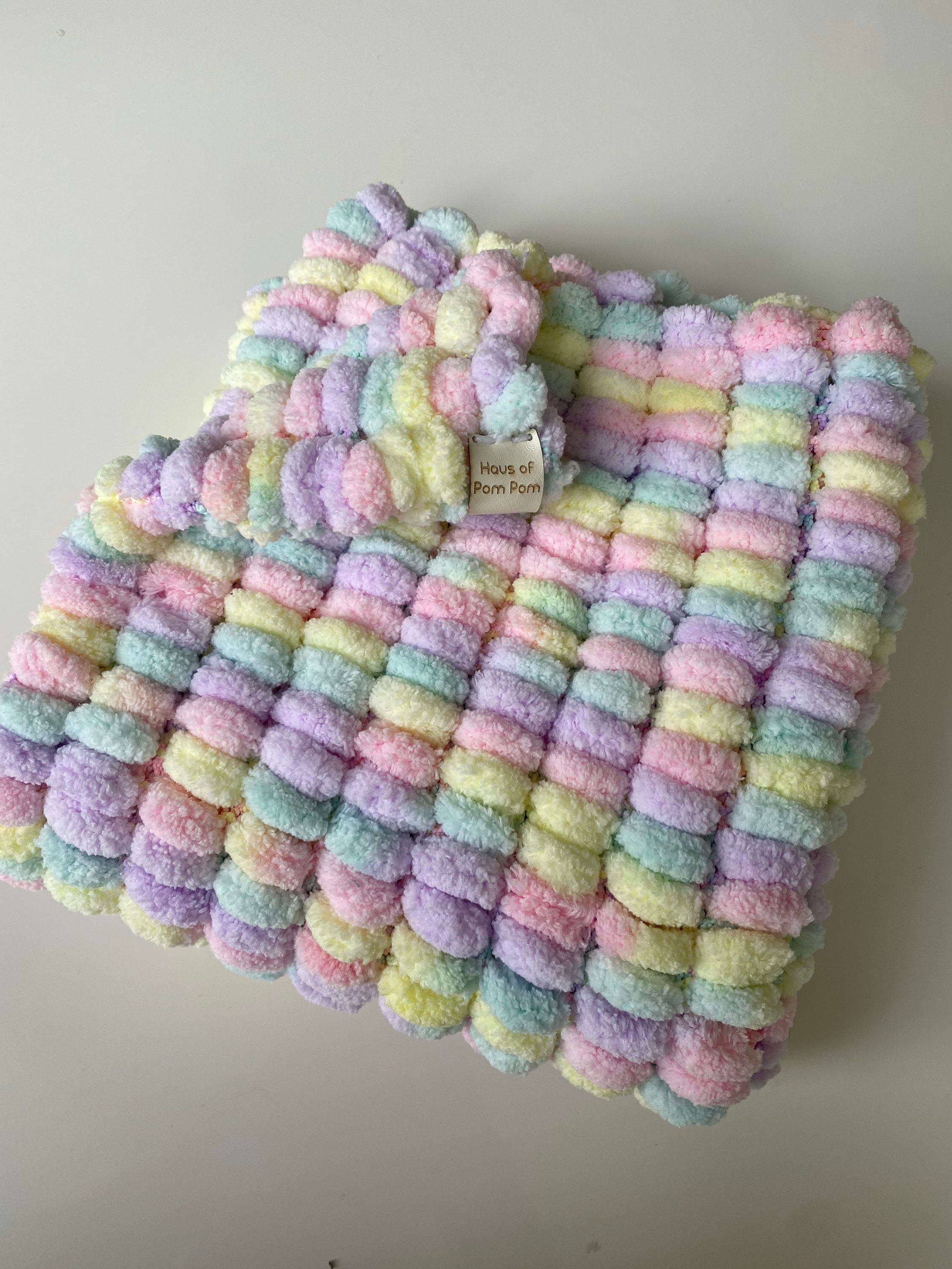 Pastel Rainbow Knitted Pom Pom Baby Blanket, Baby Boy Baby Girl, Baby