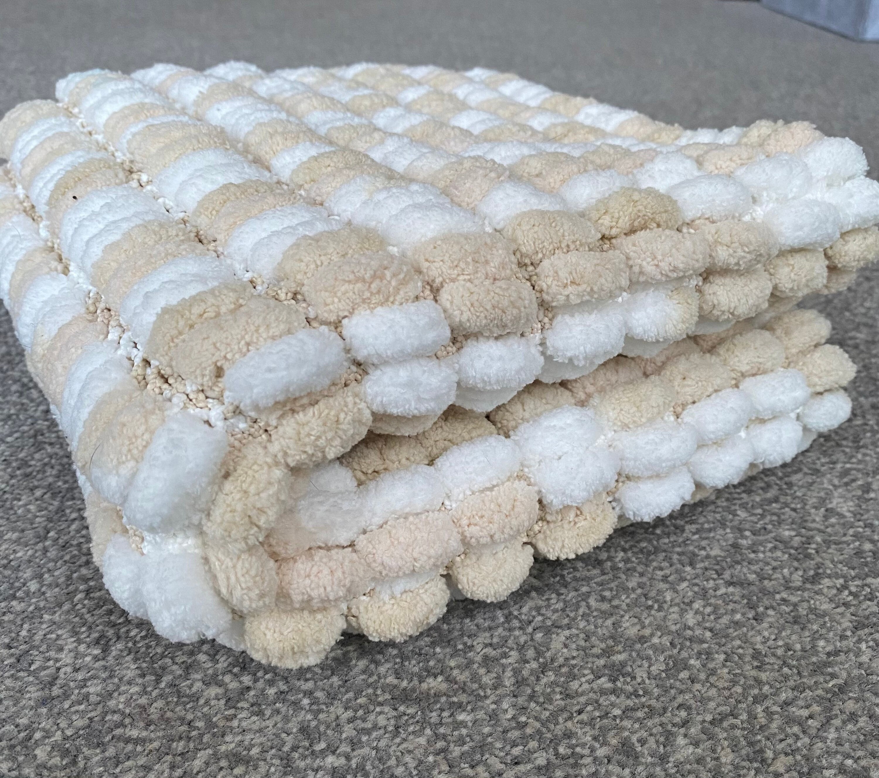 White and Beige Knitted Pom Pom Baby Blanket, Baby Boy Baby Girl, Baby