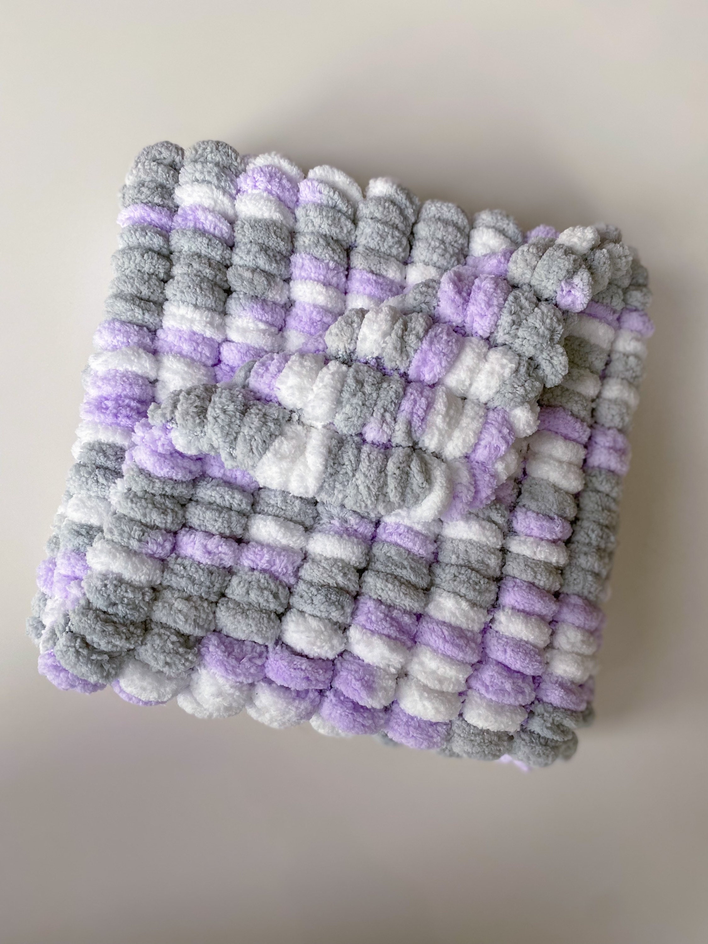 Lilac, White & Grey Knitted Pom Pom Baby Blanket, Baby Boy Baby Girl