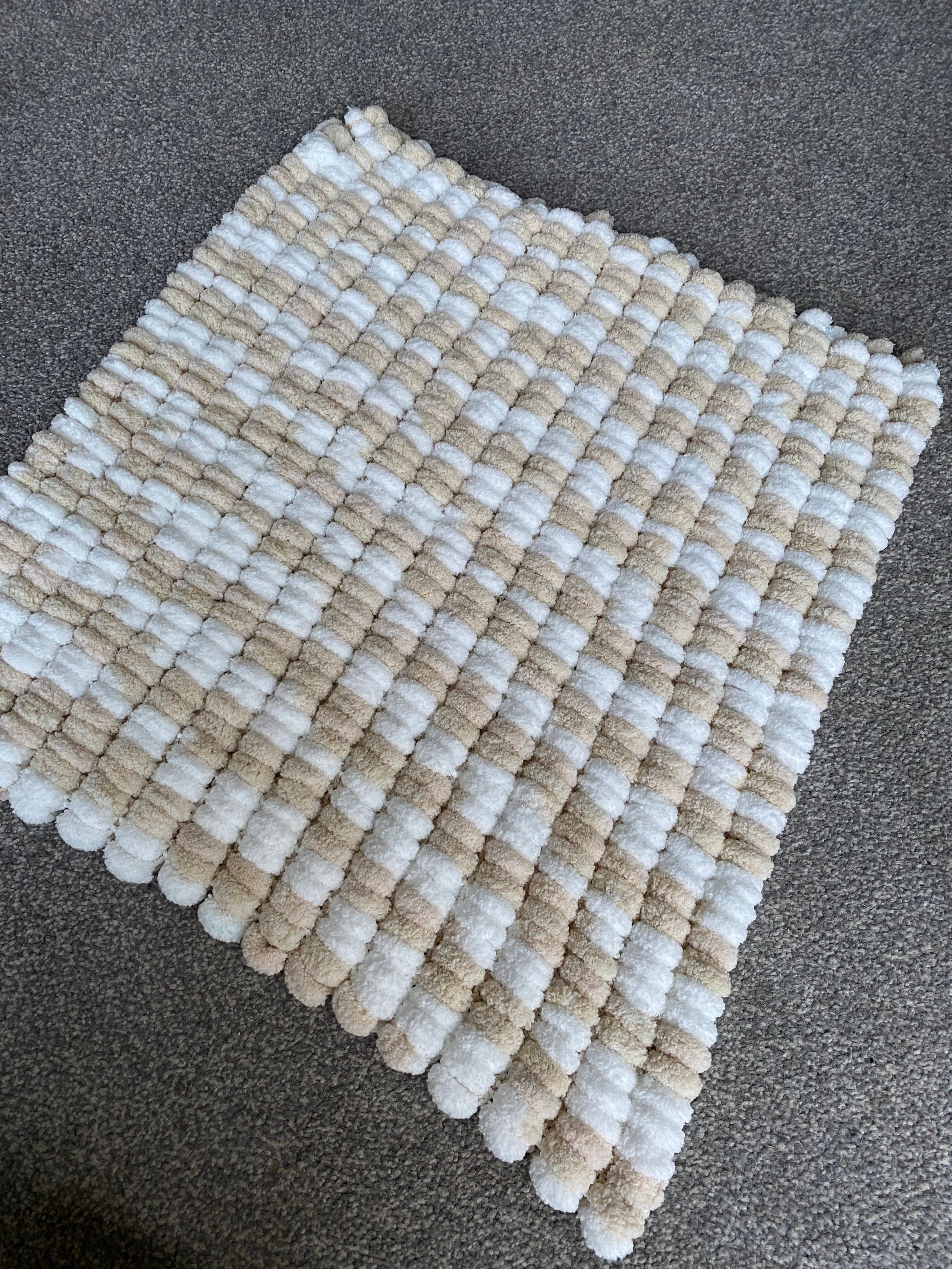 White and Beige Knitted Pom Pom Baby Blanket, Baby Boy Baby Girl, Baby