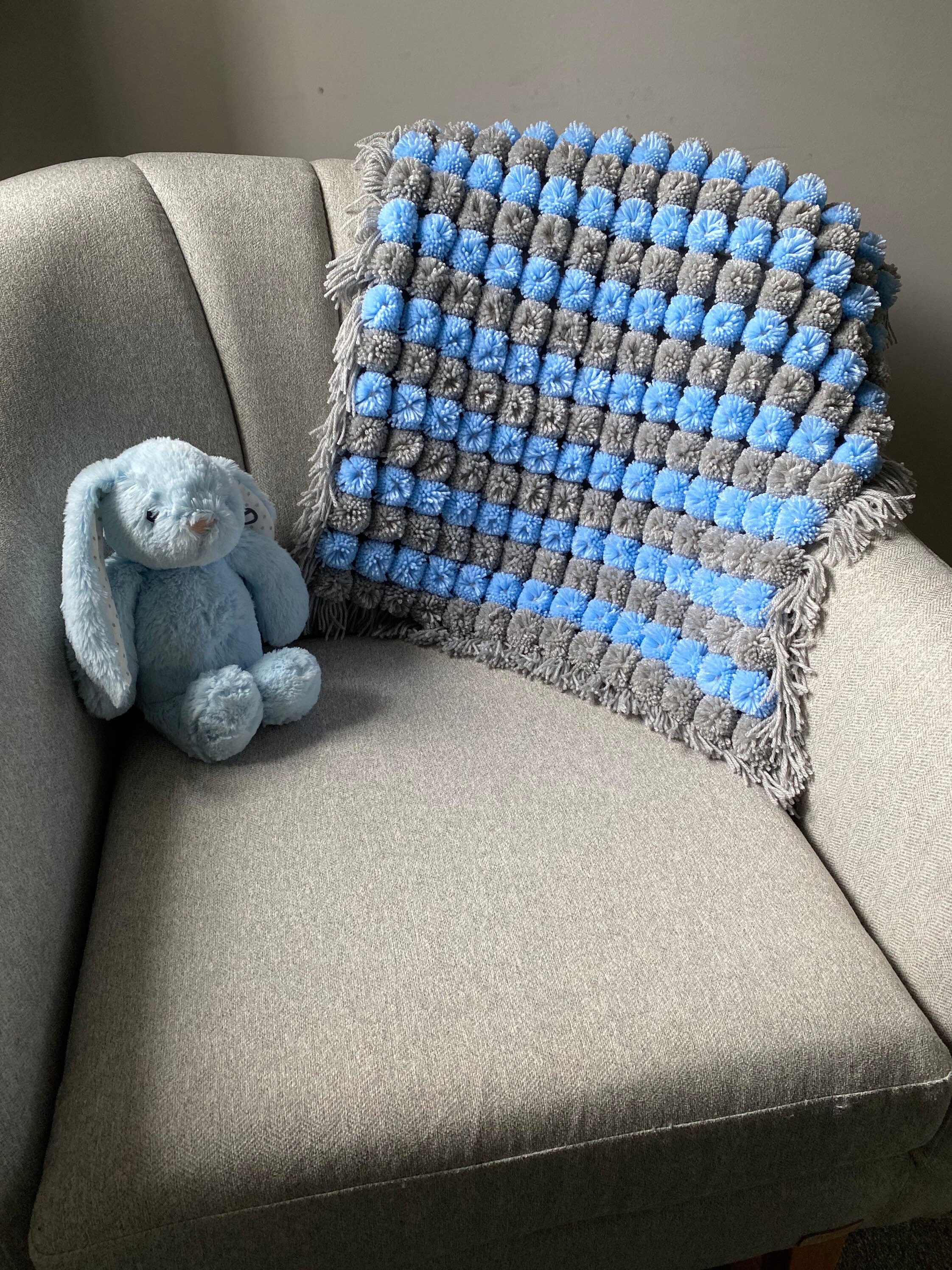 Blue and Grey Striped Pom Pom Baby Blanket Baby Boy Baby Etsy