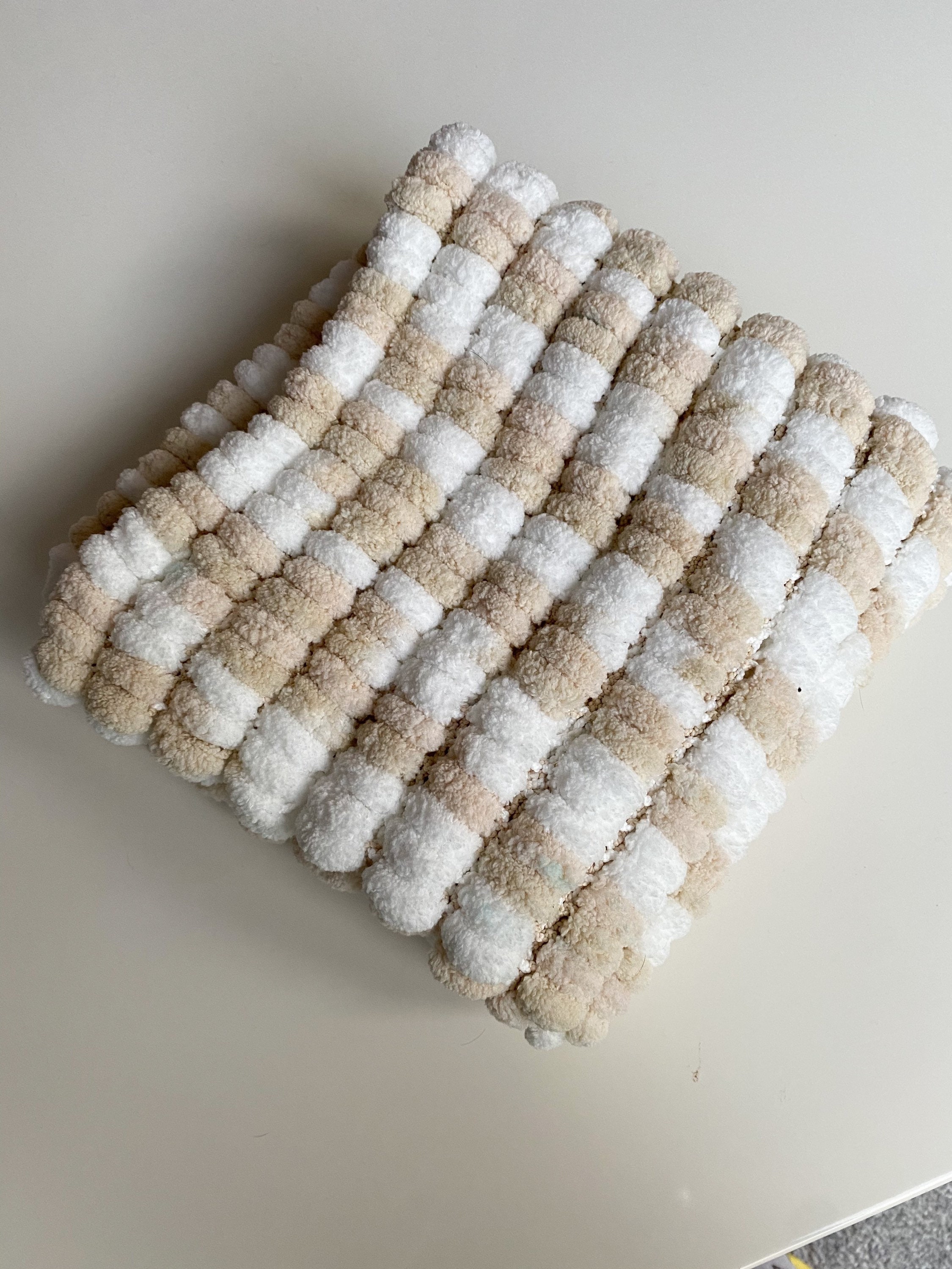 White and Beige Knitted Pom Pom Baby Blanket, Baby Boy Baby Girl, Baby