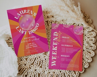 Last Disco Bachelorette Party Invitation with Itinerary Template for Retro & Groovy 70s Bach, Hippie Dazed + Engaged Hen Party Evite, SARA