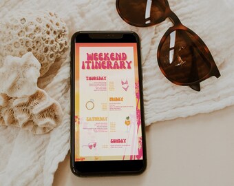 May include: A smartphone displaying a weekend itinerary for a beach vacation. The itinerary includes activities for Thursday, Friday, Saturday, and Sunday. The phone is on a white towel with a pair of sunglasses and a coral piece.