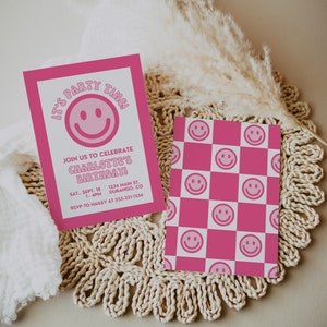 Retro Pink Smile Birthday Invitation Template with Checkerboard Design for Girls, Teens or Adults Bday, Groovy Happy Face Invite, ROXY