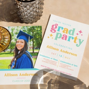 Colorful Graduation Party Invitation Template Retro Graduation Party Invite Rainbow Graduation Announcement Multicolor Modern Grad Party AMY