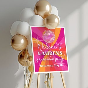 Disco Graduation Party Welcome Sign Template for Retro & Groovy 70s Decorations, University, College or High School Hippie Theme Sign, SARA