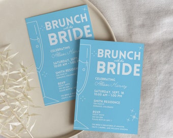 Invitación nupcial algo azul, brunch con la novia, invitación a brunch de burbujas, invitación nupcial brillante, ducha nupcial de brunch con champán CORA