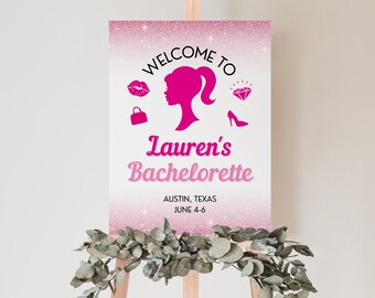 Heißes Rosa Glitzer Bachelorette Party Willkommensschild Canva Vorlage, Let's Go Party Decor, Glitzernde Malibu Girly Puppe Thema Dekorationen, BRITT