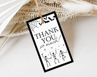 May include: Black and white thank you tag with a spider web, bats, and skeletons dancing. The text reads "Thank You so much!"